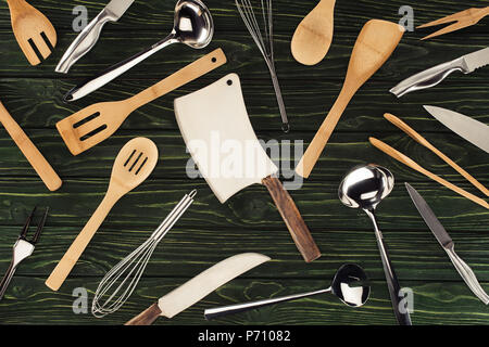 top view of kitchen utensils on wooden table Stock Photo