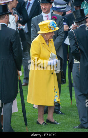 Her Majesty the Queen of England enjoying the first day of Royal Ascot horse racing meeting. Stock Photo