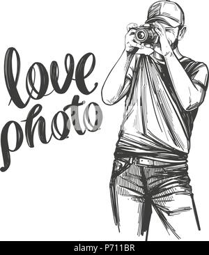 Photographer , love photo, calligraphy text hand drawn vector illustration realistic sketch Stock Vector