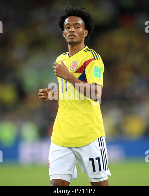 Colombia's Juan Cuadrado during the FIFA World Cup 2018, round of 16 match at the Spartak Stadium, Moscow. PRESS ASSOCIATION Photo. Picture date: Tuesday July 3, 2018. See PA story WORLDCUP England. Photo credit should read: Adam Davy/PA Wire. RESTRICTIONS: Editorial use only. No commercial use. No use with any unofficial 3rd party logos. No manipulation of images. No video emulation Stock Photo