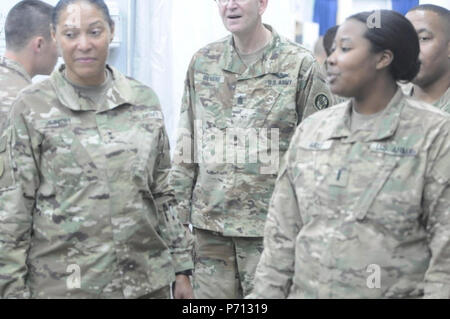 The Adjutant General for the Maryland National Guard, Maj. Gen. Linda Singh, receives an orientation briefing of the 29th Combat Aviation Brigade’s Battalion Aid Station by 1st Lt. Katrina Mayes on April 27, 2017 at Camp Buehring, Kuwait. This visit allowed Maryland National Guard leaders to gain a better understanding of medical support provided to Soldiers of the 29th CAB during their deployment to Kuwait. (US. Army Stock Photo