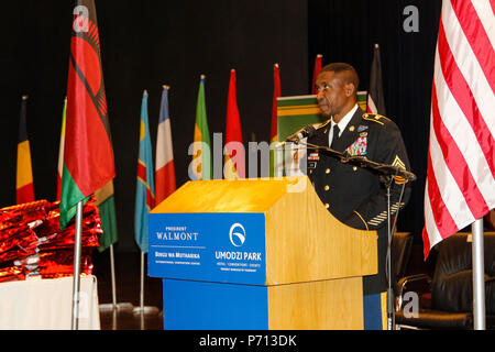 Command Sgt. Maj. Christopher Gilpin, Senior enlisted leader of U.S. Army Africa, gives his closing remarks during the African Land Forces Summit 2017, May 11, 2017. ALFS is an annual, weeklong seminar bringing together land force chiefs from across Africa for candid dialog to discuss and develop cooperative solutions to regional and trans-regional challenges and threats. Stock Photo