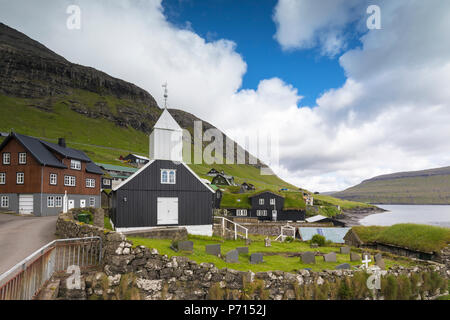 Church and graveyard in Bour, Vagar Island, Faroe Islands, Denmark, Europe Stock Photo