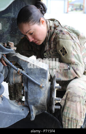 Spc. Laura Barajas, a Dallas-Fort Worth native and a wheeled vehicle mechanic for 64th Brigade Support Battalion, 3rd Armored Brigade Combat Team, 4th Infantry Division, conducts maintenance on a Humvee at Dragonkasernen, Denmark, May 11, 2107. Barajas is part of the support crew assisting a tank team from the brigade’s 1st Battalion, 66th Armor Regiment, at the Nordic Tank Challenge competition from May 15-18. Stock Photo