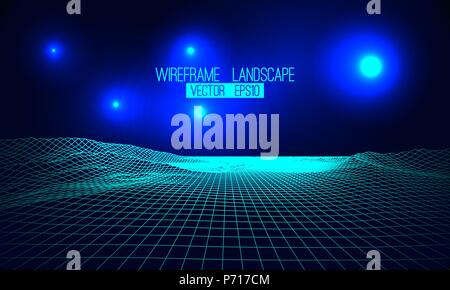 Abstract vector wireframe landscape background. Cyberspace grid. 3d futuristic vector illustration Stock Vector