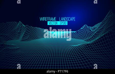 Abstract vector wireframe landscape background. Cyberspace grid. 3d futuristic vector illustration Stock Vector