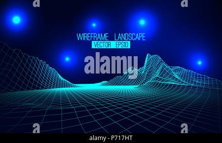 Abstract vector wireframe landscape background. Cyberspace grid. 3d futuristic vector illustration Stock Vector