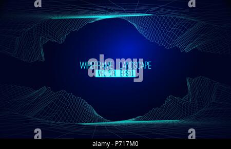 Abstract vector wireframe landscape background. Cyberspace grid. 3d futuristic vector illustration Stock Vector