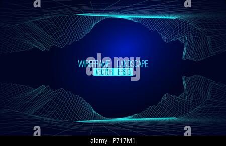 Abstract vector wireframe landscape background. Cyberspace grid. 3d futuristic vector illustration Stock Vector