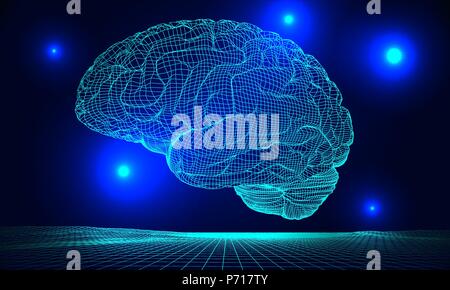 Blue wireframe brain glowing on dark space background Stock Vector