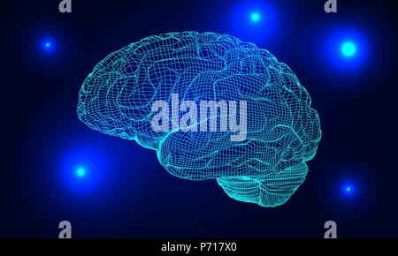 Blue wireframe brain glowing on dark space background Stock Vector