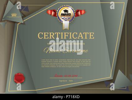 Official vector certificate with dark green, brown triangle design elements. Gold blue emblem with red ribbon, gold text Stock Vector