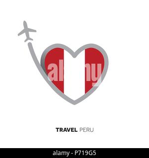 Peru travel concept. Heart shape flag with airplane Stock Vector