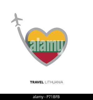 Lithuania travel concept. Heart shape flag with airplane Stock Vector