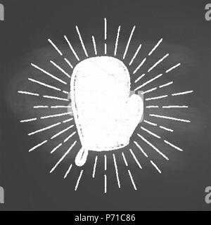 Chalk silhoutte of a mitten  with vintage sun rays on blackboard. Good for cooking logotypes, bades or posters. Stock Vector