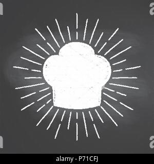 Chef's toque chalk silhoutte with  sun rays on blackboard. Good for cooking logotypes, bades or posters. Stock Vector