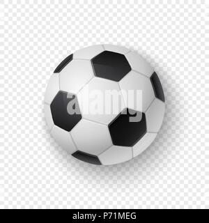 Vector realistic 3d white and black classic football soccer ball icon closeup isolated on transparency grid background. Design template for graphics, mockup. Top view Stock Vector