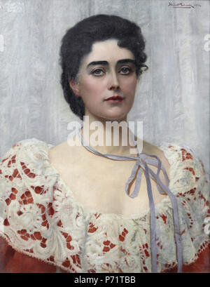 English: Mrs Alec Tweedie (1862-1940) oil on canvas 63.5 x 50.8 cm signed t.r.: Herbert Schmalz. 1894.  . 1894 47 Mrs Alec Tweedie (1862-1940), by Herbert Gustave Schmalz Stock Photo