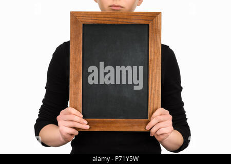 Cropped image of woman holding empty chalkboard isolated on white Stock Photo