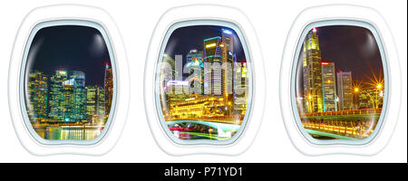 Porthole windows on Singapore downtown skyline with skyscrapers of Business District and bridge in marina bay promenade. Scenic flight above Singapore with the lights of night reflects in the bay. Stock Photo