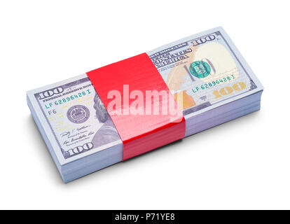 Stack of One Hundred Dollars with Red Tape Isolated on White Background. Stock Photo