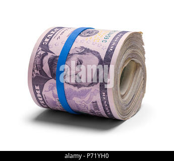 Roll of Five Dollar Bills Isolated on a White Background. Stock Photo