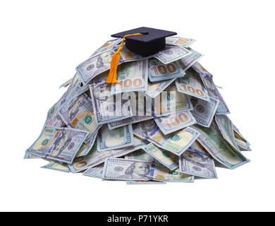 Pile of Money with Gradutation Hat Isolated on White Background. Stock Photo