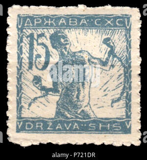 English: Postage stamp from the Verigar issue issued in Slovenian regions of the State of Slovenes, Croats and Serbs, 15 hellers, 1919 :   '',      ,   , 15 , 1919 . 3 January 1919 13 DrzavaSHSverigar15h1919 Stock Photo