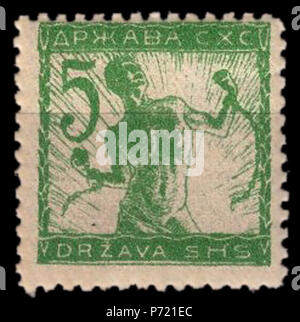 English: Postage stamp from the Verigar issue issued in Slovenian regions of the State of Slovenes, Croats and Serbs, 5 hellers, perforated, 1919 :   '',      ,   , 5 ,  , 1919 . 3 January 1919 13 DrzavaSHSverigar5h1919perf Stock Photo