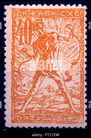 English: Postage stamp from the Verigar issue issued in Slovenian regions of the State of Slovenes, Croats and Serbs, 40 hellers, 1919 :   '',      ,   , 40 , 1919 . 3 January 1919 13 DrzavaSHSverigar40h1919 Stock Photo