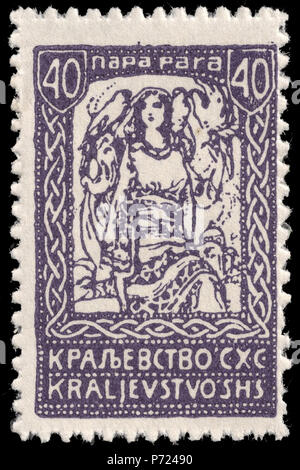 English: Postage stamp from the Verigar issue issued in Slovenian regions of the State of Slovenes, Croats and Serbs, 40 para, girl with three falcons, 1920 :     '',      ,   , 40 ,    , 1920 . 1920 27 KingdomSHSgirlfalcons40para1920 Stock Photo