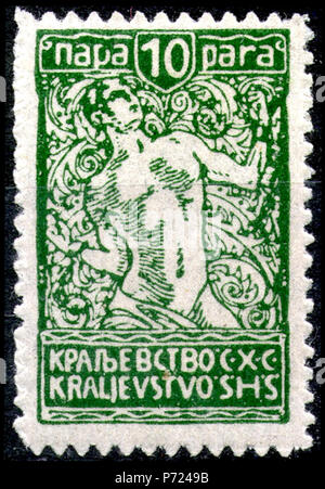 English: Postage stamp from the second Verigar issue of Kingdom of the Serbs, Croats and Slovenes, 10 para, 1920 :     ''  ,   , 10 , 1920 . 1920 27 KingdomSHSverigar10para1920 Stock Photo