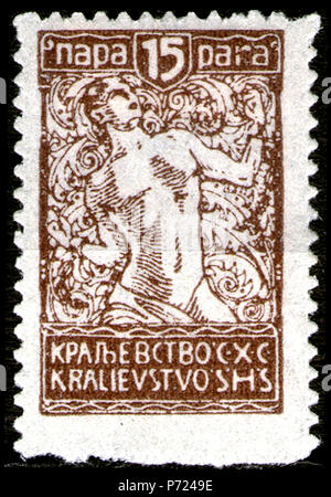 English: Postage stamp from the second Verigar issue of Kingdom of the Serbs, Croats and Slovenes, 15 para, 1920 :     ''  ,   , 15 , 1920 . 1920 27 KingdomSHSverigar15para1920 Stock Photo