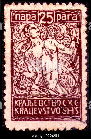 English: Postage stamp from the second Verigar issue of Kingdom of the Serbs, Croats and Slovenes, 25 para, 1920 :     ''  ,   , 25 , 1920 . 1920 27 KingdomSHSverigar25para1920 Stock Photo