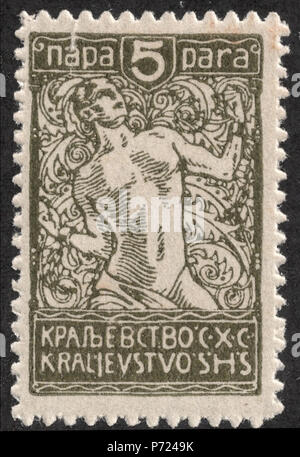 English: Postage stamp from the second Verigar issue of Kingdom of the Serbs, Croats and Slovenes, 5 para, olive green, 1920 (Scott#3L42) :     ''  ,   , 5 , -, 1920 (#3L42) . 1920 27 KingdomSHSverigar5para1920 Stock Photo