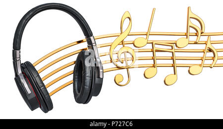 Musical concept. Headphones with music notes, 3d rendering isolated on white background Stock Photo