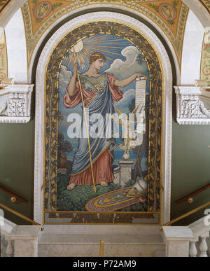 English: Second Floor, East Corridor. Mosaic of Minerva by Elihu Vedder within central arched panel leading to the Visitor's Gallery. Library of Congress Thomas Jefferson Building, Washington, D.C. Exhibit caption: 'Pictured on this mosaic in the arched panel is the Roman Goddess Minerva--guardian of civilization. She is portrayed as the Minerva of Peace, but according to the artist who created her, Elihu Vedder (American painter, 1836–1923), the peace and prosperity that she enjoys was attained only through warfare. A little statue of Nike, a representation of Victory, similar to those erecte Stock Photo