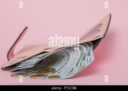 Dollars and coins in Pink wallet on pink background with copy space Stock Photo