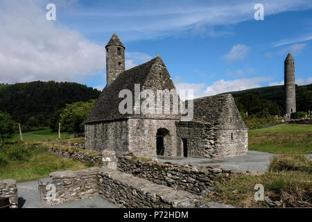 St. Kevin's Church (St. Kevin's Kitchen), a nave-and-chancel church of the 12th century, Glendalough, County Wicklow, Leinster, Republic of Ireland Stock Photo