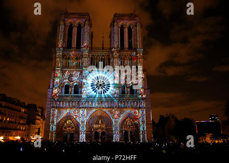 Sound and Light show at Notre Dame de Paris Cathedral, UNESCO World Heritage Site, Paris, France, Europe Stock Photo