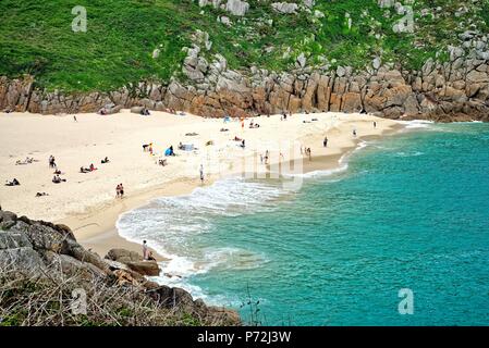 Elevated view of Porthcurno beach on a summers day Cornwall England UK Stock Photo