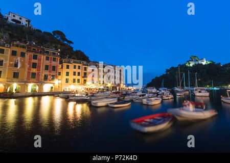Harbour of Portofino at dusk, province of Genoa, Liguria, Italy, Europe Stock Photo