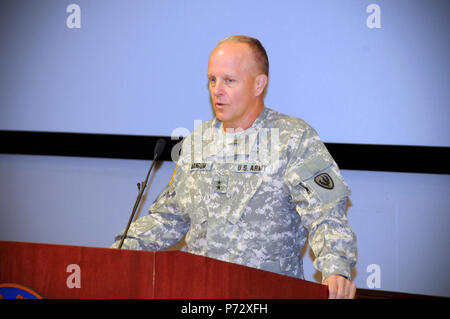 Maj. Gen. Kevin W. Mangum, U.S. Army Aviation Center of Excellence commander, speaks during a street dedication ceremony for CW4 William “Willie” L. Ruf at Fort Rucker headquarters.  Fort Rucker’s 5th Avenue was renamed Ruf Avenue June 18, 2013. Stock Photo