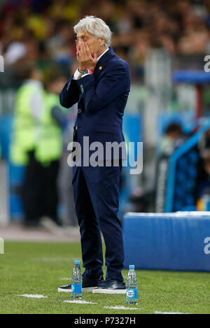 Moscow, Russia. 3rd July, 2018. Colombia Manager Jose Pekerman looks dejected during the 2018 FIFA World Cup Round of 16 match between Colombia and England at Spartak Stadium on July 3rd 2018 in Moscow, Russia.Credit: PHC Images/Alamy Live News Stock Photo