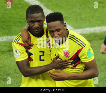 03 July 2018, Russia, Moscow: Soccer, FIFA World Cup, round of 16, Colombia vs England at the Spartak Stadium. Colombia's Yerry Mina (r) and Cristian Zapata. Photo: Christian Charisius/dpa Stock Photo