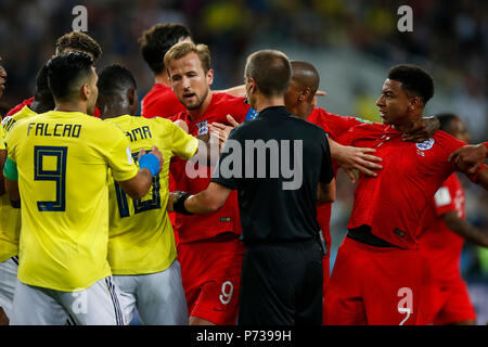 Players clash during the 2018 FIFA World Cup Round of 16 match between Colombia and England at Spartak Stadium on July 3rd 2018 in Moscow, Russia. (Photo by Daniel Chesterton/phcimages.com) Stock Photo