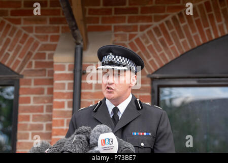 Amesbury, United Kingdom. 4 July 2018. Wiltshire police hold a press conference regarding the incident in Amesbury. PICTURED: Deputy Chief Constable Paul Mills. Wiltshire Police and partners have declared a major incident after it is suspected that two people might have been exposed to an unknown substance in Amesbury. Emergency services were called to an address in Muggleton Road, Amesbury on Saturday evening (30th June 2018) after a man and woman, both in their 40s, were found unconscious in a property. Credit: Peter Manning/Alamy Live News Stock Photo