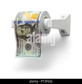 Roll of One Hundred Dollar Bills Toilet Paper Isolated on White. Stock Photo