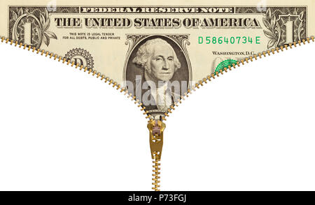 One Dollar Bill with Zipper Isolated on White Stock Photo