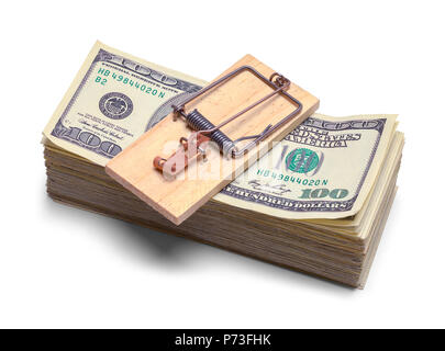 Stack of Money with Mouse Trap on Top Isolated on White. Stock Photo